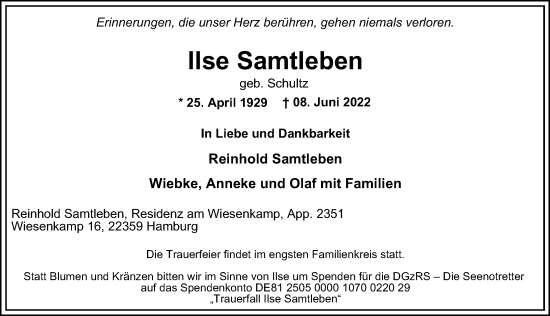 Traueranzeige von Ilse Samtleben von Hamburger Abendblatt