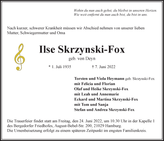 Traueranzeige von Ilse Skrzynski-Fox von Bille Wochenblatt, Bergedorfer Zeitung