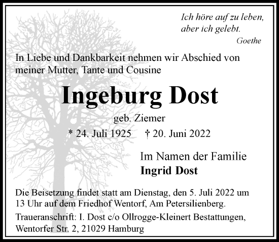 Traueranzeige von Ingeburg Dost von Bergedorfer Zeitung