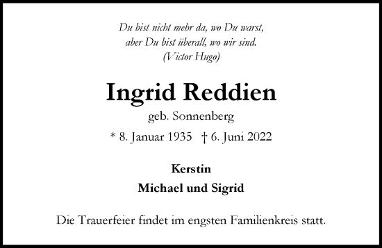 Traueranzeige von Ingrid Reddien von Hamburger Abendblatt