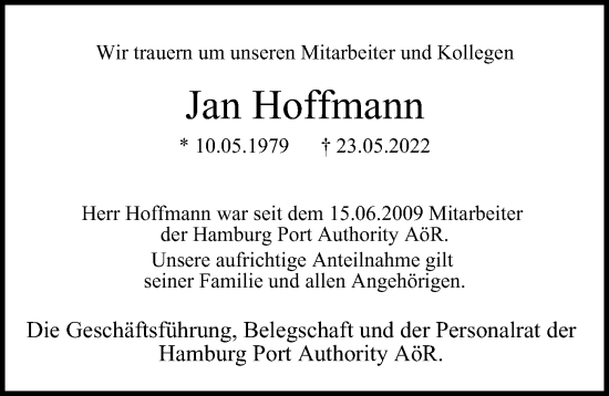Traueranzeige von Jan Hoffmann von Hamburger Abendblatt