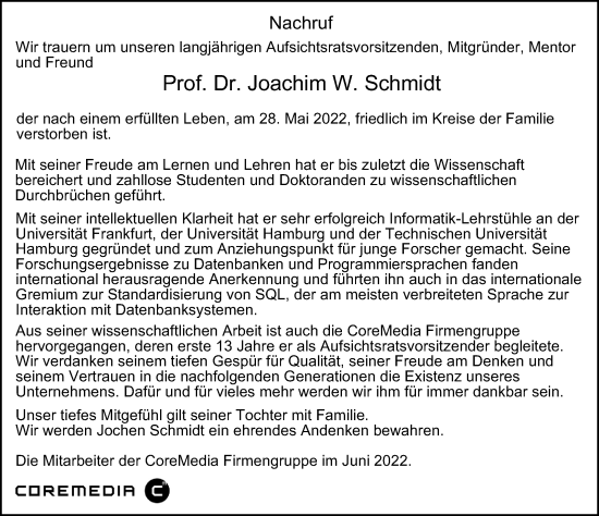 Traueranzeige von Joachim W. Schmidt von Hamburger Abendblatt