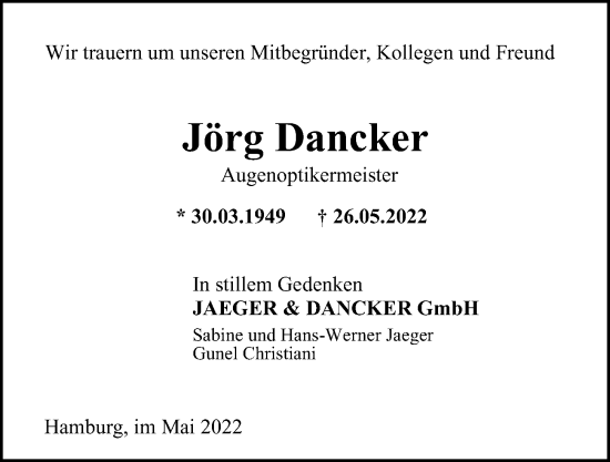 Traueranzeige von Jörg Dancker von Hamburger Abendblatt