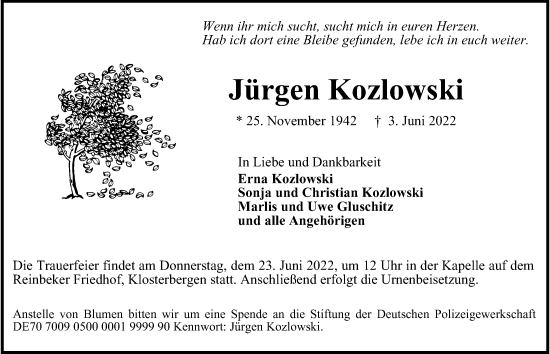 Traueranzeige von Jürgen Kozlowski von Glinder Zeitung