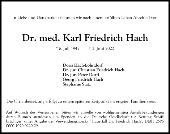 Traueranzeige von Karl Friedrich Hach von Hamburger Abendblatt