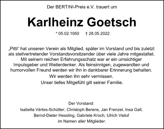 Traueranzeige von Karlheinz Goetsch von Hamburger Abendblatt