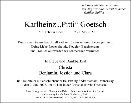 Traueranzeige von Karlheinz Goetsch von Hamburger Abendblatt