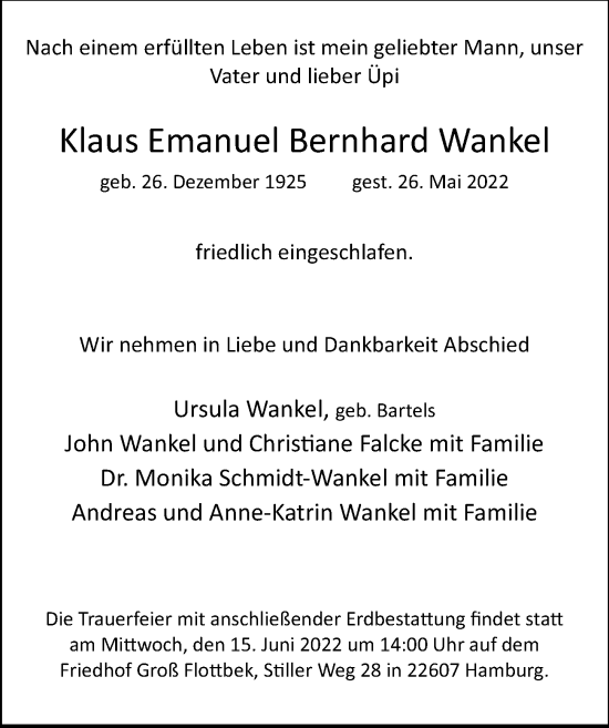 Traueranzeige von Klaus Emanuel Bernhard Wankel von Hamburger Abendblatt