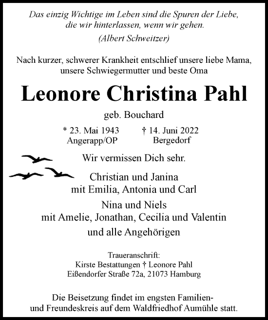 Traueranzeige von Leonore Christina Pahl von Hamburger Abendblatt