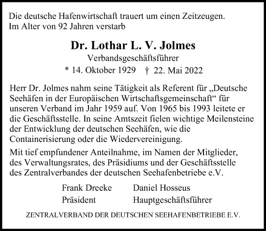 Traueranzeige von Lothar L. V. Jolmes von Hamburger Abendblatt