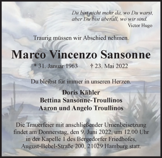 Traueranzeige von Marco Vincenzo Sansonne von Bergedorfer Zeitung