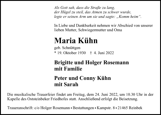 Traueranzeige von Maria Kühn von Glinder Zeitung