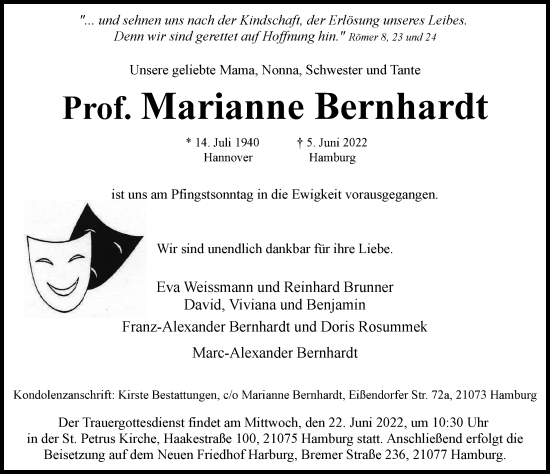 Traueranzeige von Marianne Bernhardt von Hamburger Abendblatt