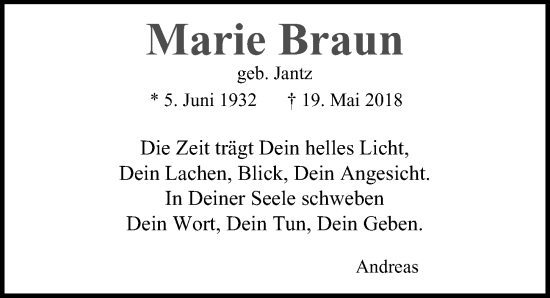 Traueranzeige von Marie Braun von Glinder Zeitung