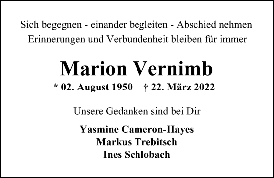 Traueranzeige von Marion Vernimb von Hamburger Abendblatt