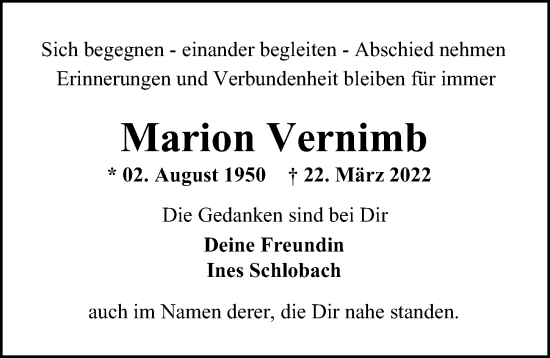 Traueranzeige von Marion Vernimb von Hamburger Abendblatt
