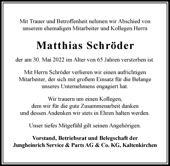 Traueranzeige von Matthias Schröder von Hamburger Abendblatt