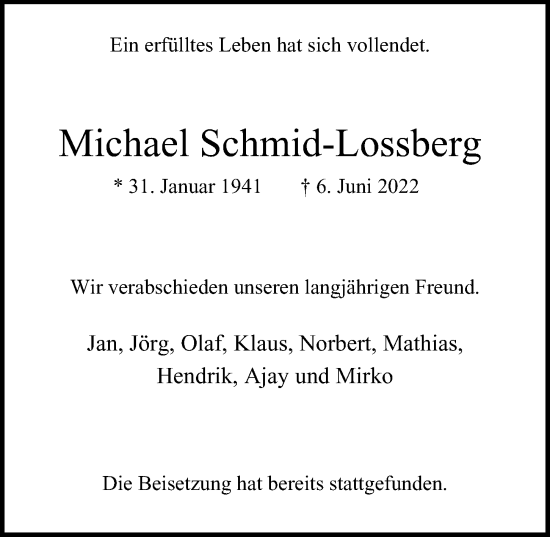 Traueranzeige von Michael Schmid-Lossberg von Hamburger Abendblatt