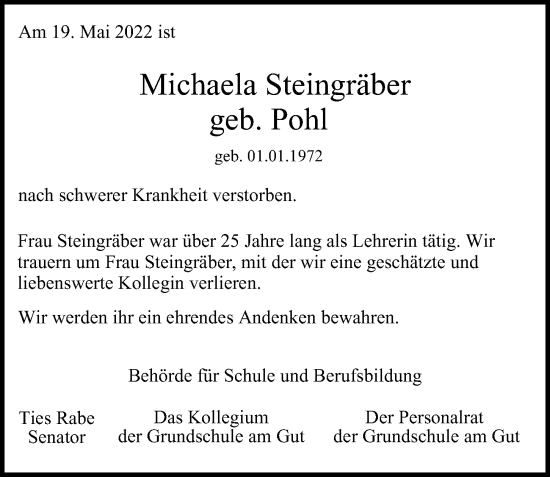 Traueranzeige von Michaela Steingräber von Hamburger Abendblatt