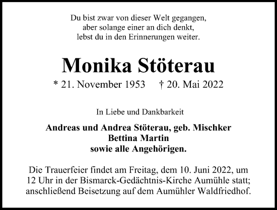 Traueranzeige von Monika Stöterau von Bergedorfer Zeitung