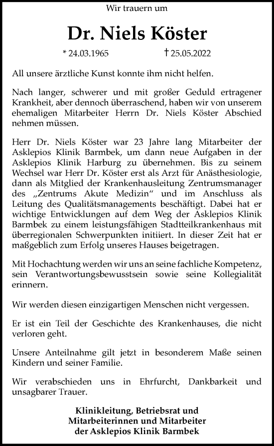 Traueranzeige von Niels Köster von Hamburger Abendblatt