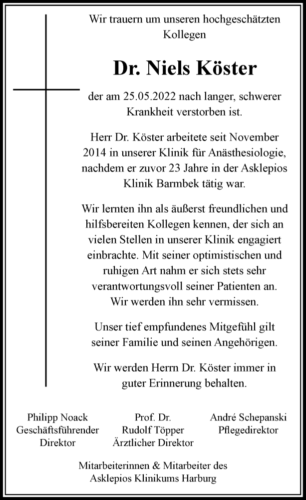  Traueranzeige für Niels Köster vom 04.06.2022 aus Hamburger Abendblatt