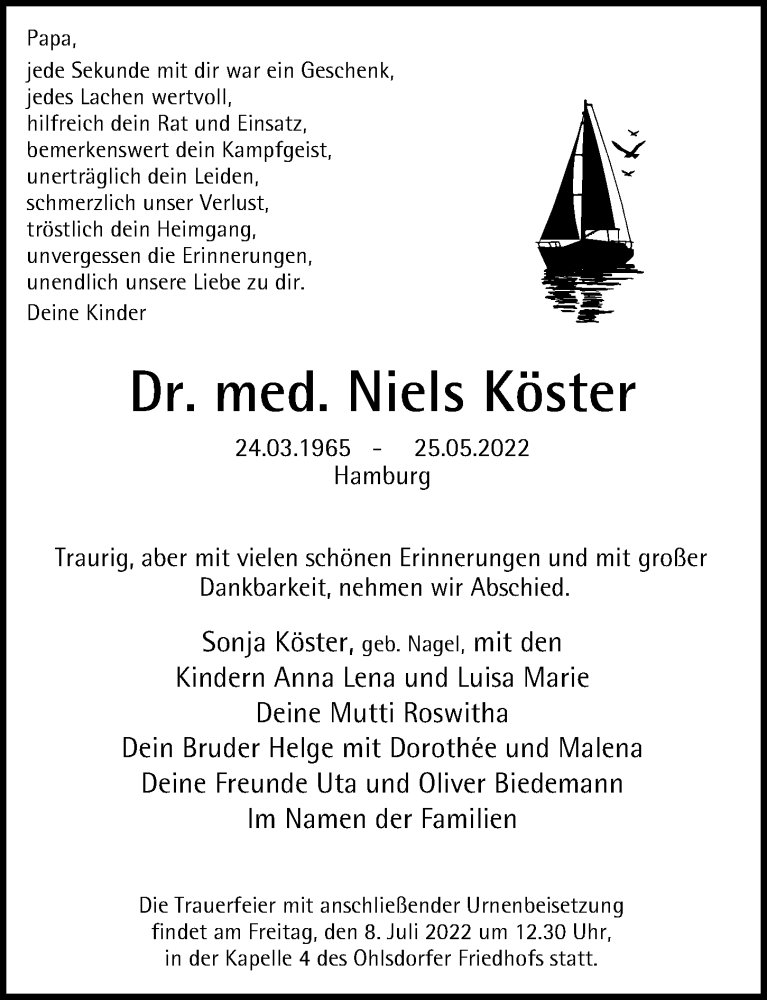  Traueranzeige für Niels Köster vom 11.06.2022 aus Hamburger Abendblatt