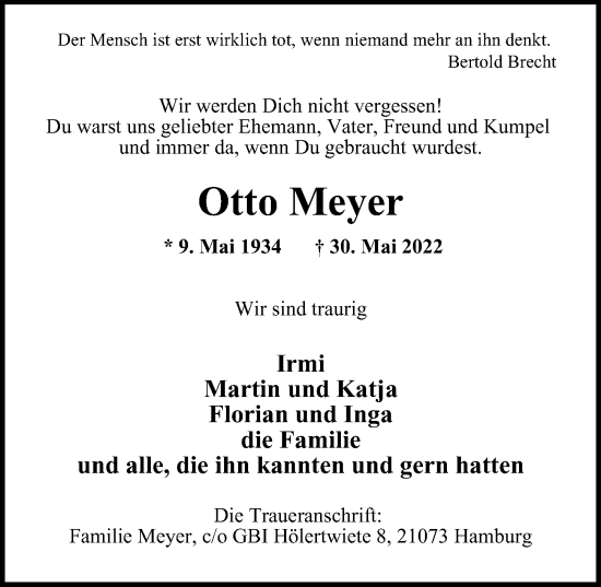 Traueranzeige von Otto Meyer von Hamburger Abendblatt