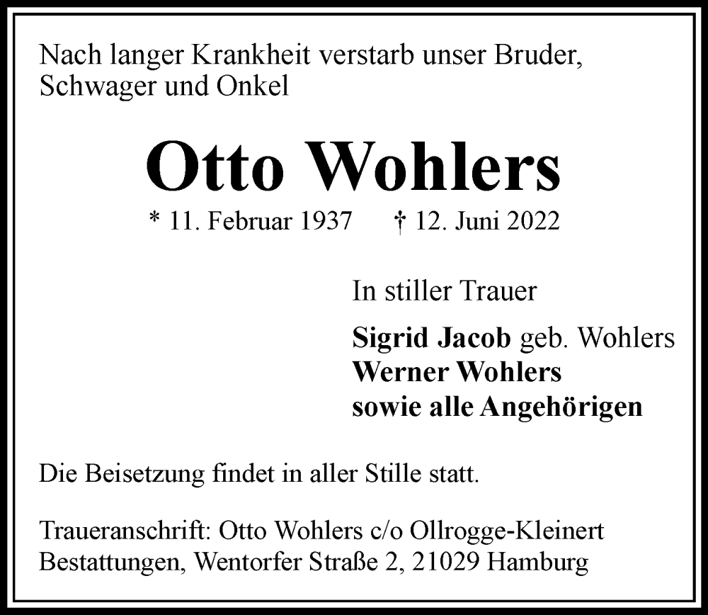  Traueranzeige für Otto Wohlers vom 18.06.2022 aus Bille Wochenblatt, Bergedorfer Zeitung