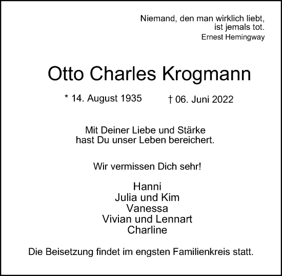 Traueranzeige von Otto Charles Krogmann von Hamburger Abendblatt