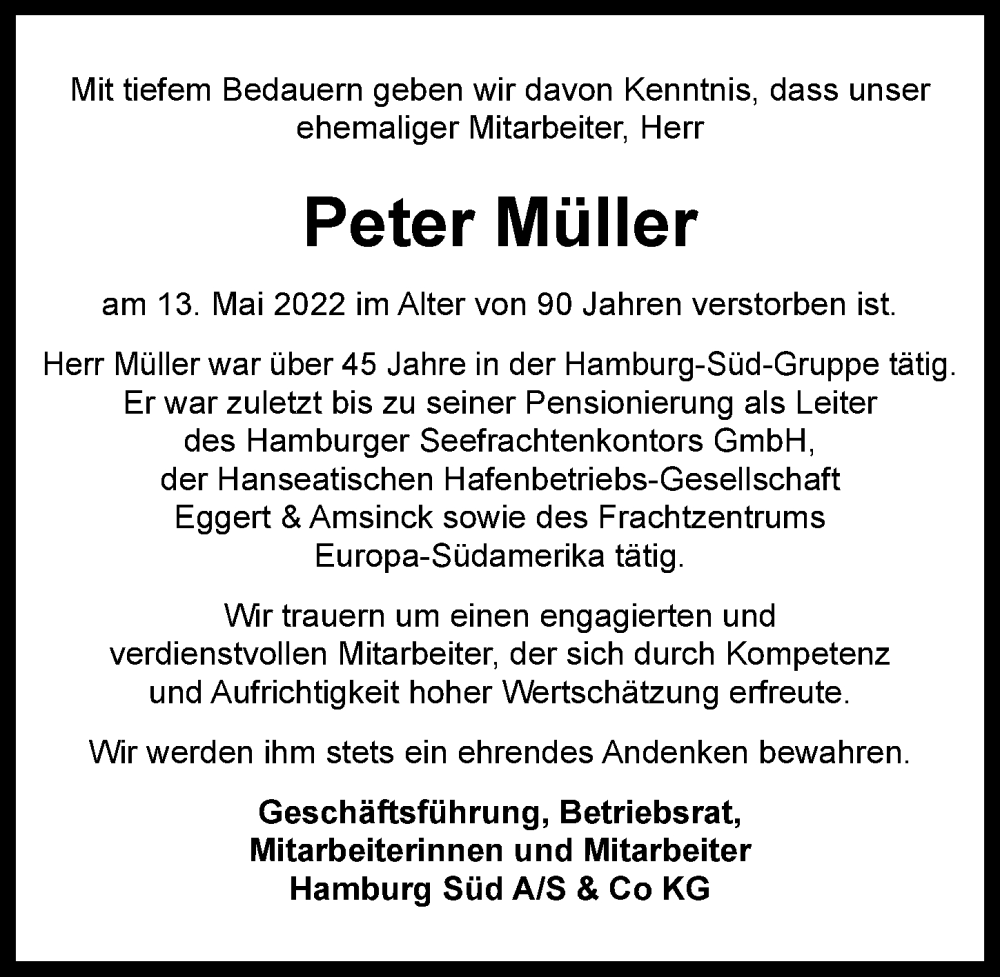  Traueranzeige für Peter Müller vom 04.06.2022 aus Hamburger Abendblatt