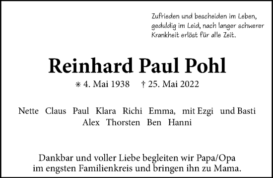 Traueranzeige von Reinhard Paul Pohl von Hamburger Abendblatt