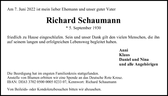 Traueranzeige von Richard Schaumann von Bille Wochenblatt, Bergedorfer Zeitung