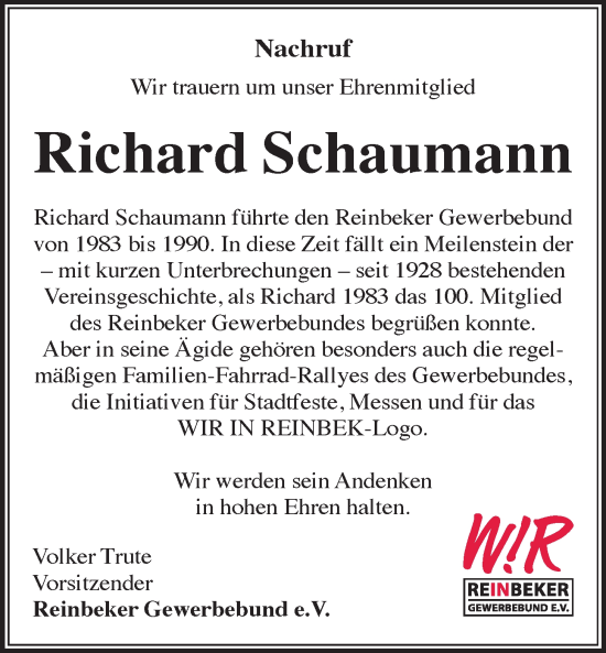 Traueranzeige von Richard Schaumann von Bergedorfer Zeitung