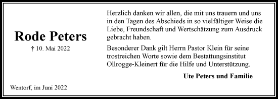 Traueranzeige von Rode Peters von Bille Wochenblatt, Bergedorfer Zeitung