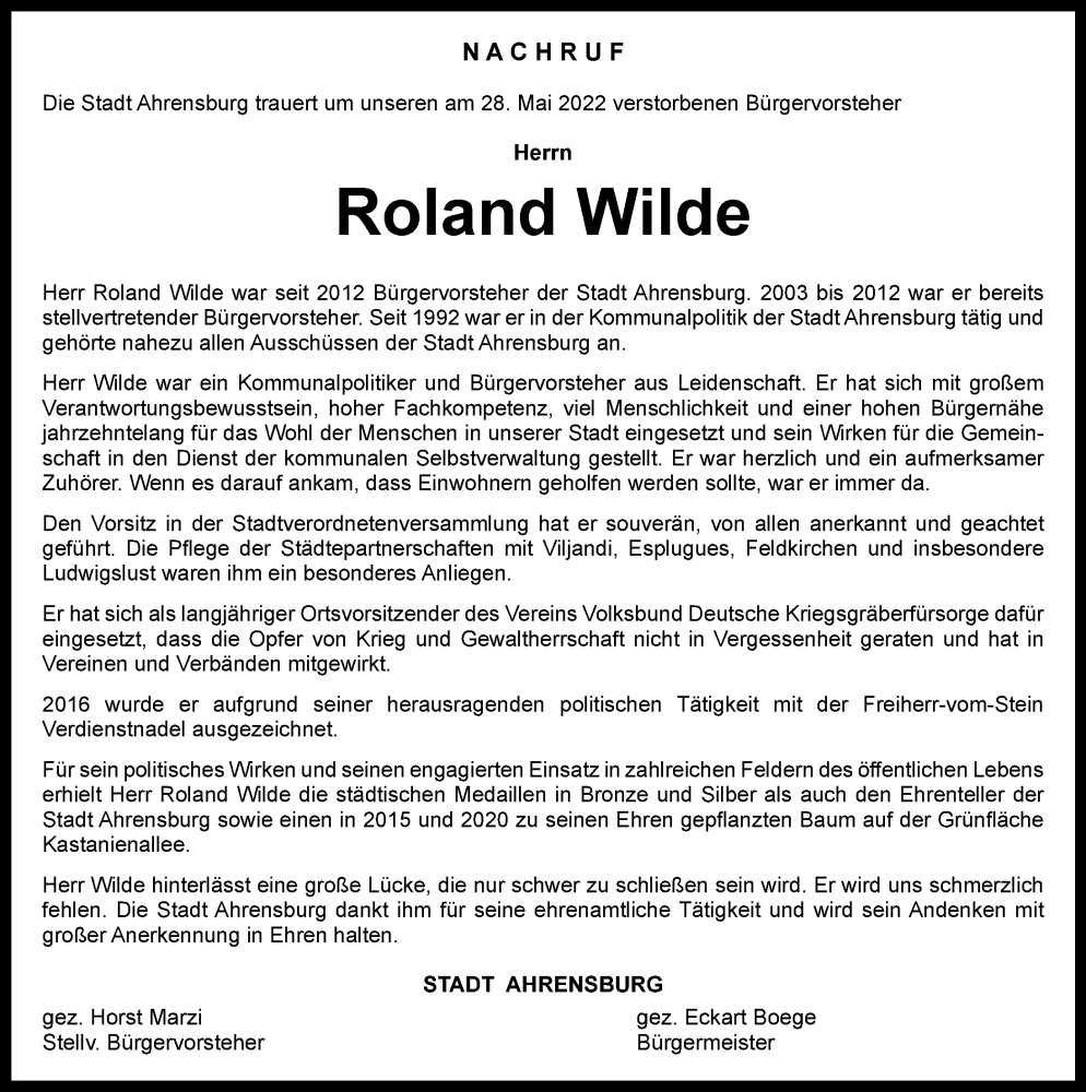  Traueranzeige für Roland Wilde vom 23.06.2022 aus HA Regio Stormarn