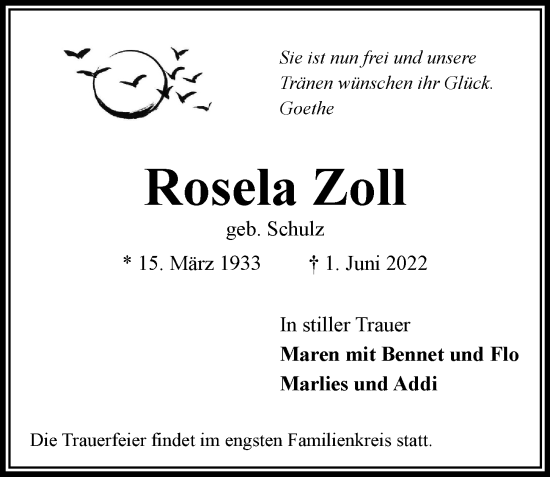 Traueranzeige von Rosela Zoll von Bille Wochenblatt, Bergedorfer Zeitung