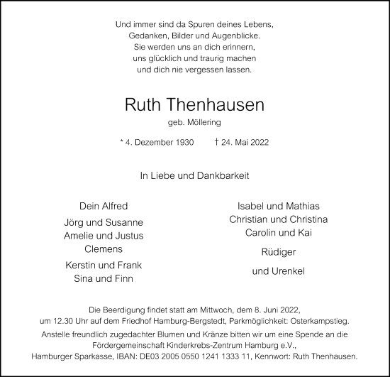 Traueranzeige von Ruth Thenhausen von Hamburger Abendblatt