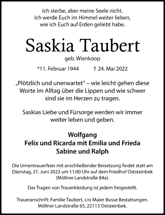 Traueranzeige von Saskia Taubert von Glinder Zeitung