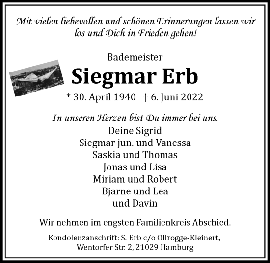 Traueranzeige von Siegmar Erb von Hamburger Abendblatt