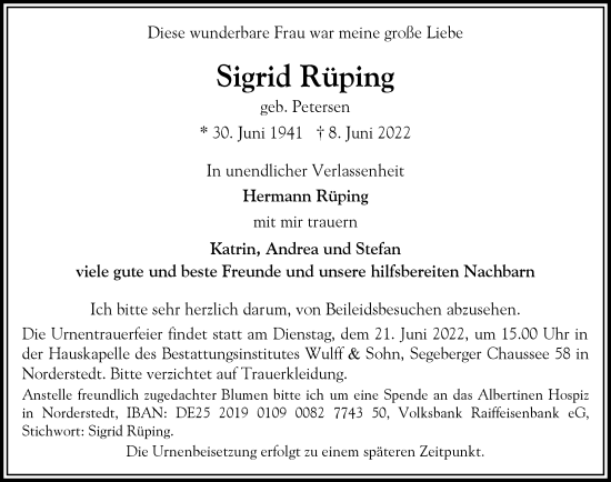 Traueranzeige von Sigrid Rüping von Hamburger Abendblatt