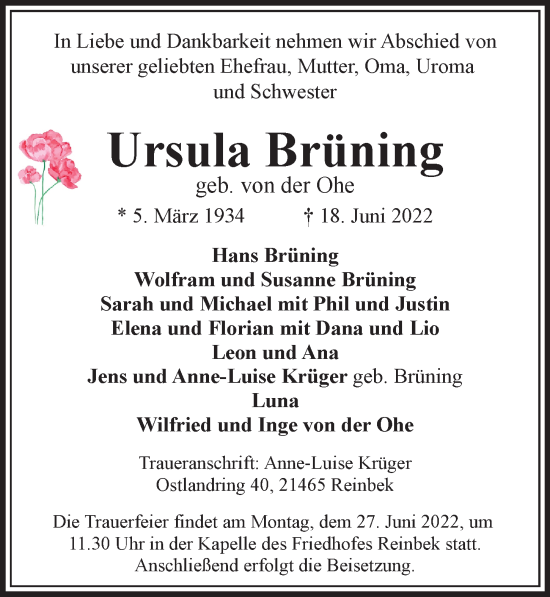 Traueranzeige von Ursula Brüning von Bille Wochenblatt, Bergedorfer Zeitung