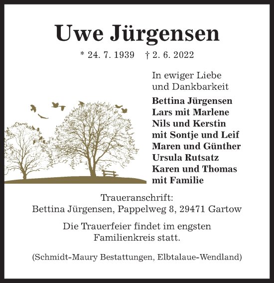 Traueranzeige von Uwe Jürgensen von Hamburger Abendblatt