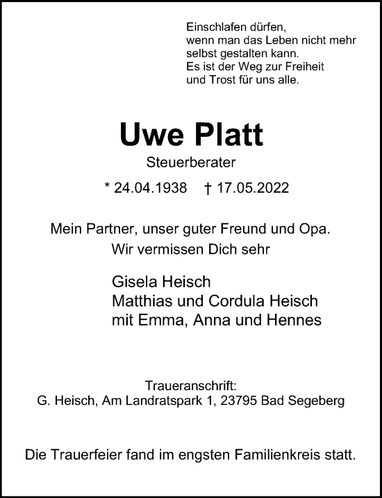 Traueranzeige von Uwe Platt von Hamburger Abendblatt