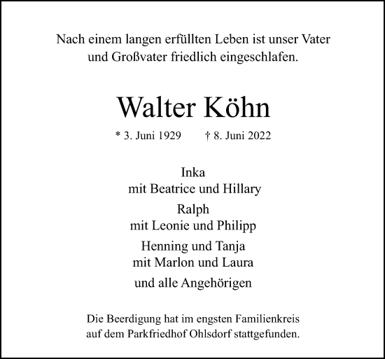 Traueranzeige von Walter Köhn von Hamburger Abendblatt