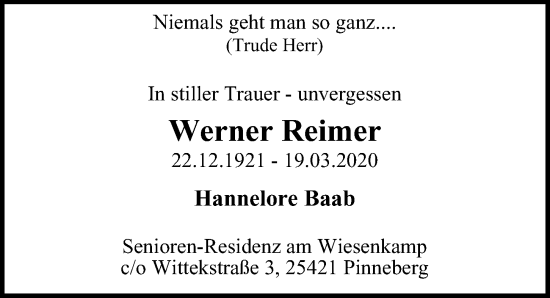 Traueranzeige von Werner Reimer von Hamburger Abendblatt