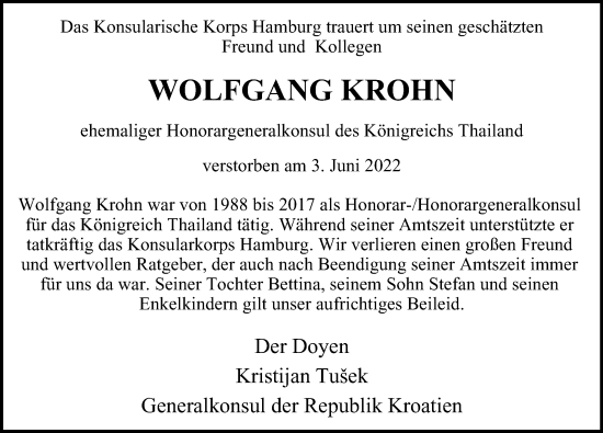 Traueranzeige von Wolfganag Krohn von Hamburger Abendblatt