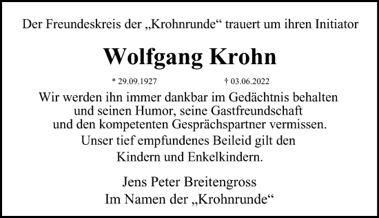 Traueranzeige von Wolfgang Krohn von Hamburger Abendblatt
