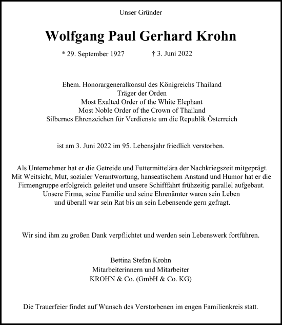 Traueranzeige von Wolfgang Paul Gerhard Krohn von Hamburger Abendblatt