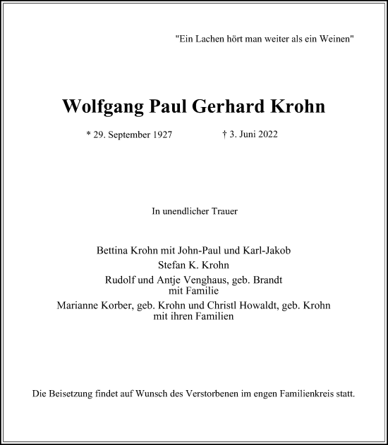 Traueranzeige von Wolfgang Paul Gerhard Krohn von Hamburger Abendblatt